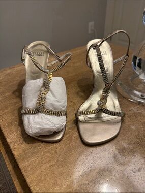 Stuart Weitzman Metallic Gold Jeweled T-Strap Heels